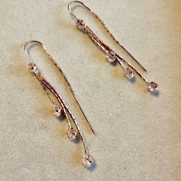 14K Rose Gold Drop Threader Earrings with Crystal Accents - Picture 5 of 5